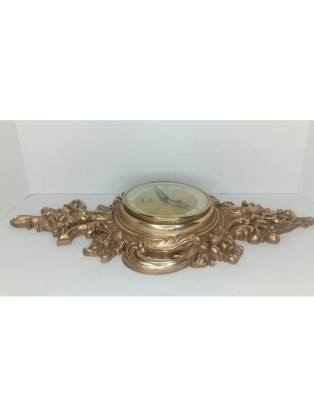 VTG Syroco Wall Clock Mid-Century Gold Tone Wind Up Works But NO KEY 22